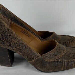 Born Crown Brown Distressed Leather Chunky Heels Pumps Shoes Womens Sz 9.5 41